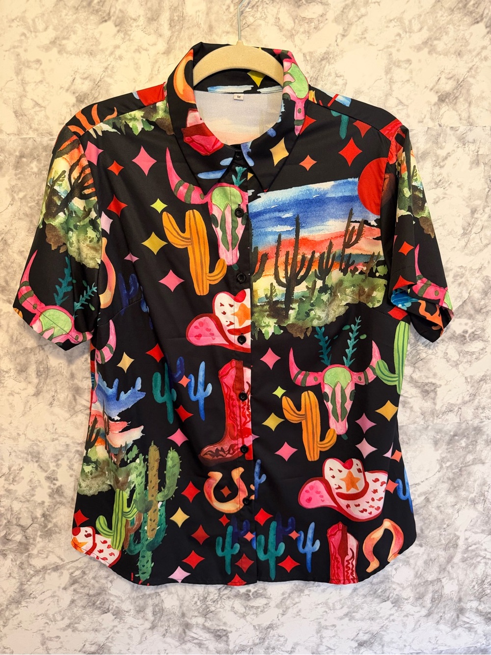 Amazon Women's Black Short-Sleeve Desert Print Button-Up Blouse